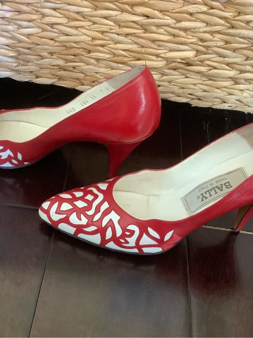 Bally Red and White Laser-Cut Pointed Toe Pumps - Picture 4 of 7